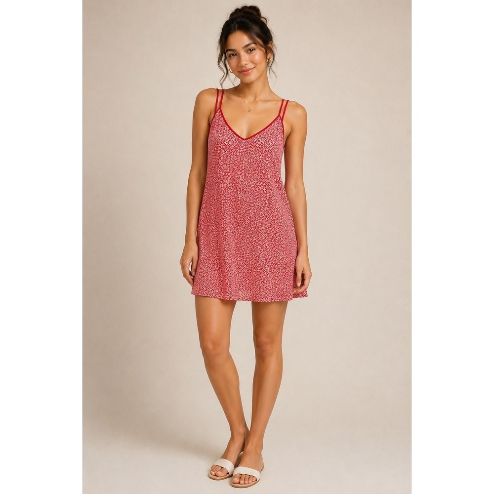 Esprit Vintage Red Pink Floral Double Strap V-Neck Midi Slip Dress Womens